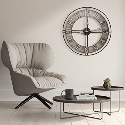 Sorbus Large Wall Clock, 24" Decorative for Kitchen, Bedrooms, Office, Analog Modern Farmhouse Style. Silent, Round Chunky Number, Home Decor, Quartz Battery Operated, Gray Metal