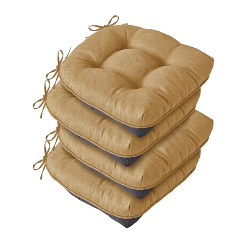 IASEAHK Chair Cushions for Dining Chairs, Seat Cushions for Kitchen Chairs, Indoor Seat Cushions with Ties, Tufted Foam Chair Pads, Non Slip Chair Cushions Set of 4, 15.5" x 15.5" x 4", Khaki - color: Khaki, size: Pack of 4