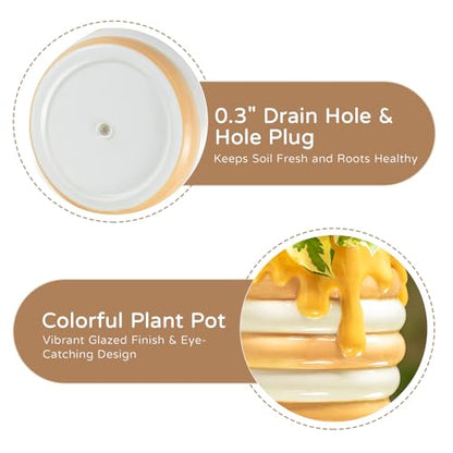 Bee Hanging Planter Gifts for Women: Ceramic Flower Pot with Drainage - color: Milky White & Beige-honey Jar