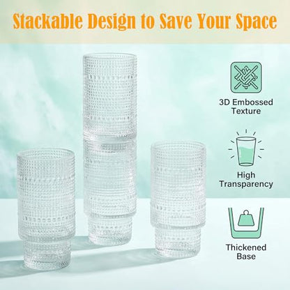 Glass Cups with Lids and Straws 16 oz Drinking Glasses Set of 8 | Ribbed Hobnail Glassware with Bamboo Lid, Iced Coffee Glass Tumbler with Straw and Lid for Hot Cold Drinks Home Kitchen - color: 16oz Mixed*8, size: 16oz