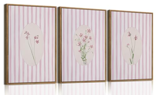 KISSFOX 3 Piece Floral Framed Wall Art Pink Wildflower Canvas Wall Art Flower Pictures Wall Decor Boho Botanical Paintings Poster Wall Decor For Girly Room Bedroom Apartment Dorm Living Room - color: Pink Flower 2, size: 16x24 In Natural Framed