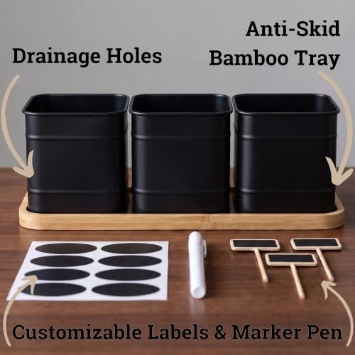 Herb Planter Indoor, 3-pc Herb Pots w/ Drainage Holes, Bamboo Tray & Labels | Iron Herb Pots, Varnished Bamboo Tray with Anti-Skid Base, Customizable Oval Sticker and Stick Labels & Chalkboard Marker Pen - color: Black