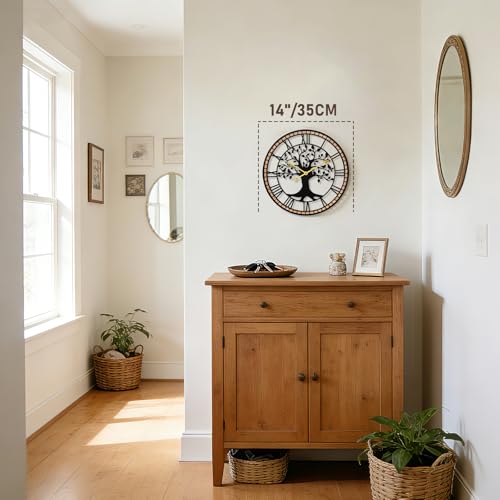 14" Farmhouse Bird Branch Wall Clock with Metal Tree Design | Bird branch accent with quiet movement, hardware included, 1 AA battery not included; approx. 2 lb for compact wall spaces - color: Roma, size: 14'' x 14''