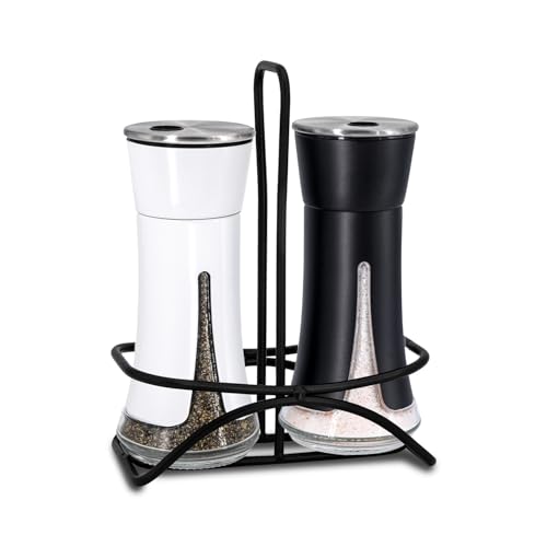 Aelga Farmhouse Salt and Pepper Shakers with Holder, Salt Shaker for the Kitchen with Adjustable Pour Holes for Himalayan, Kosher, and Sea Salts - color: Black&White