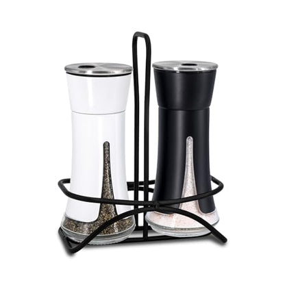 Aelga Farmhouse Salt and Pepper Shakers with Holder, Salt Shaker for the Kitchen with Adjustable Pour Holes for Himalayan, Kosher, and Sea Salts - color: Black&White