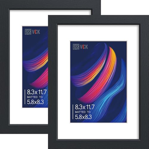 VCK A4 Frame 2 Pack, Black Wood, A5 Mat, Glass, for Picture, Photo, Print | Tempered Glass, Acid-Free Mat, 8.3x11.7 Frame Without Mat, Vertical or Horizontal Tabletop and Wall Display, for Large Poster - color: Black, size: A4, style: 2 Pack