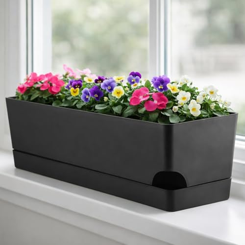 Party Zealot Self Watering Pots for Indoor Plants, 3 Pack Window Boxes Planters 17 Inch Rectangular Planter Rectangle Flower Pots Long Plant Pot Large Window Sill Herb Planter Box, Black - color: Black