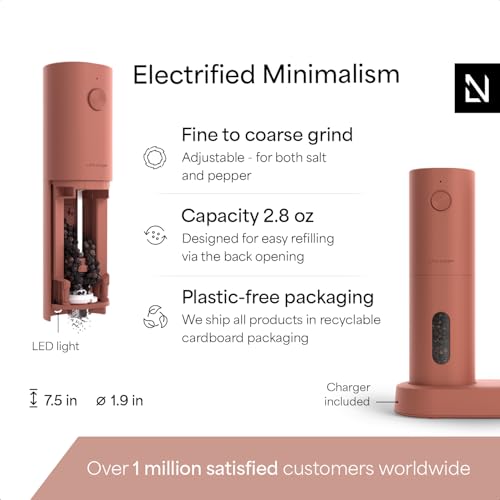 LARS NYSØM Electric Salt and Pepper Grinder Set, USB Rechargeable, Automatic Salt and Pepper Mills, Spice Shakers Refillable with LED Light, Adjustable Coarseness, Ceramic Grinder (Brick Red) - color: Brick Red