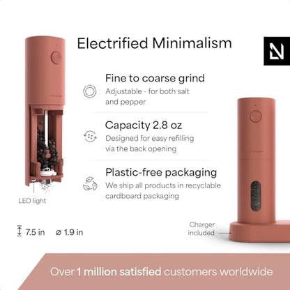 LARS NYSØM Electric Salt and Pepper Grinder Set, USB Rechargeable, Automatic Salt and Pepper Mills, Spice Shakers Refillable with LED Light, Adjustable Coarseness, Ceramic Grinder (Brick Red) - color: Brick Red