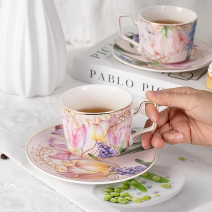 KAMMAK Tea Cups and Saucers Set of 2, Porcelain Coffee Cups, NX022 | Gold Rim, Stackable Espresso Mugs, Ceramic Demitasse for Coffee, Latte, Americano, Afternoon Tea, Elegant Gift for Women - size: 8CZNX022