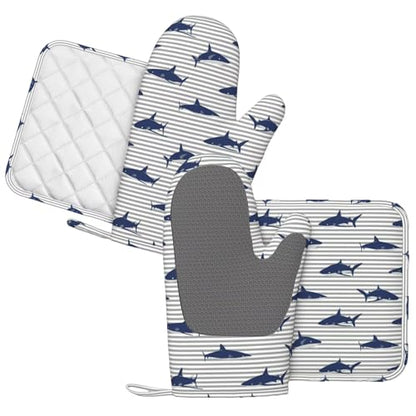 Sharks Oven Mitts and Pot Holders Sets Silicone Blue Shark Grey Stripes Kitchen Oven Mitts Hot Pads Heat Resistant Potholders Kitchen Mitts Set for Baking BBQ Cooking - color: Blue Grey