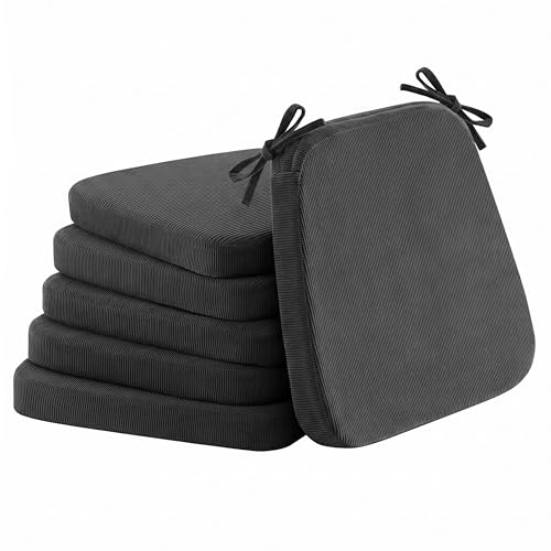 Dining Chair Cushions, Dark Gray, 17"x16", Set of 6 | 2'' Thick Cooling Gel High-Density Foam, Ties and Non-Slip Bottom, Removable Washable Cover, For Dining and Kitchen - color: Dark Gray, size: 6 Count (Pack of 1)