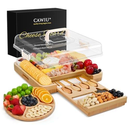 Bamboo Charcuterie Board Set with Lid, Drawer and Fruit Tray, Cream | Includes serving utensils for easy entertaining; a thoughtful gift for housewarmings, weddings, birthdays and bridal showers. - color: Cream