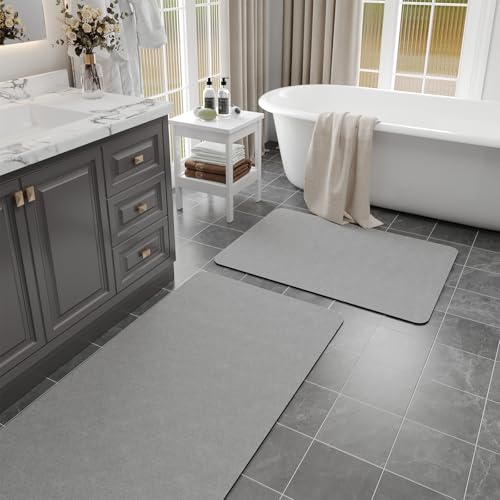Bathroom Mat Rugs Sets 2 Piece Stone Bath Mats for Bathroom, Grey | Non-Slip Thin Bath Mat Quick Dry Super Absorbent Diatomaceous Earth Bathroom Rug with Rubber Backed for Shower Floors - color: Grey, size: 47" x 17" + 24" x 17" (Rectangular)