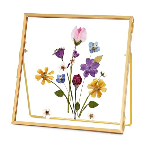 REDHUGO Double Glass Frame for Pressed Flowers, Square, Gold, 4x4 Inches | Handmade, Tabletop Photo Frame for Floating Picture and Flower Press, Simple, Metal Geometric - color: Gold, size: 4L" x 4W"