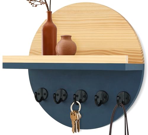 Gurfuy Blue Key Holder for Wall with Shelf - Wood Mail Organizer and Rack with Shelf Hooks Wall Mounted for Entryway Decor Magazines Letter Storage Farmhouse Living Room Bedroom Doorway - color: Blue