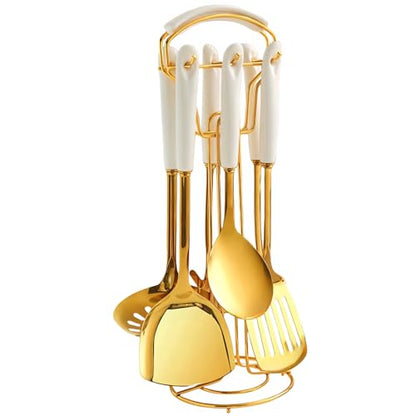 Novellus Stainless Steel Gold Kitchen Utensils Set with Holder, 7pcs Kitchen Accessories for Cooking Includes Soup Ladle, Metal Spatula, Slotted Spoon, Slotted Spatula, Pasta Spoon, White & Gold - color: White & Gold
