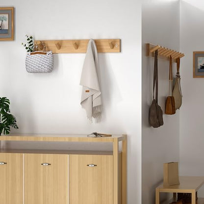 SKOLOO Coat Rack Wall Mount 17 inch, 5 Hooks, Bamboo, Shaker Style, Natural | Wooden hooks for wall, painted finish, 100-lb cap, entry/bath/bed, hanging backpack coat towel hat, 16" stud spacing - color: Bamboo Gold, size: 17 inch