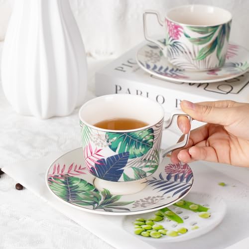 KAMMAK Tea Cups and Saucers Set of 2, Porcelain Coffee Cups, NX024 | Gold Rim, Stackable Espresso Mugs, Ceramic Demitasse for Coffee, Latte, Americano, Afternoon Tea, Elegant Gift for Women - size: 8CZNX024