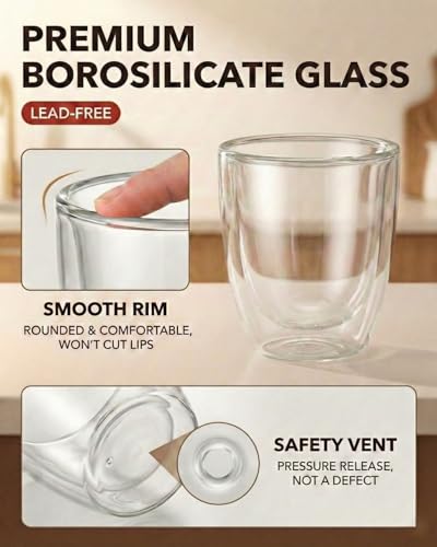 5oz Double Walled Espresso Cups, Set of 4 - Insulated Glass Coffee Mugs for Lungo, Double Espresso & Cappuccino - Clear Borosilicate Glassware Compatible with Nespresso & De'Longhi Machine