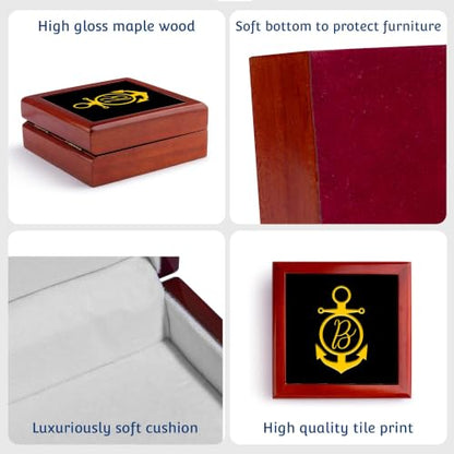 3dRose Anchor naval maritime monogram. Gold on black. Decorative letter B Jewelry Box 7 x 7 inch with 4 inch tile