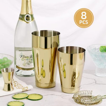 Mwellewm 8 Pcs Cocktail Shaker Boston Shaker Set Professional Bartender Kit Bar Shaker Stainless Steel Drink Bartending Martini Tin with 18oz & 28oz Mixed Alcohol Tool for Beginner(Gold) - color: Gold
