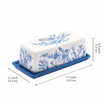 Bico Blue Garden Toile De Jouy Ceramic Butter Dish with Lid, Wide Butter Keeper for Counter, Kitchen Countertop, Microwave and Dishwasher Safe - color: Blue Garden Toile De Jouy