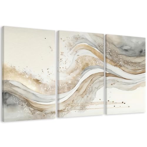 AVECCO Triptych Abstract Gold Grey Wave Wrapped Wall Art Canvas 24x36 Inch | Gallery Wrapped Canvas, UV Fade-resistant Ink, Modern Minimalist, Ready to Hang, Living Room Office Decor, Housewarming Gift - color: Golden, size: 36"L x 24"W