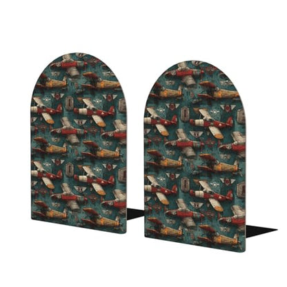 Airplanes and Aviation Signs (2) Print Wooden Bookends,1 Pair Book Ends,Book Organizer for Office Desk, Home and School