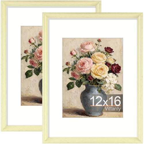 Vittanly 12x16 Picture Frames Set of 2, Vintage Photo Frames, Beige | Display 8.5x11 Pictures with Mat or 12x16 without Mat, Rustic Frames with Plexiglass, Farmhouse Home Decor for Wall Mounting - color: Beige, size: 12x16
