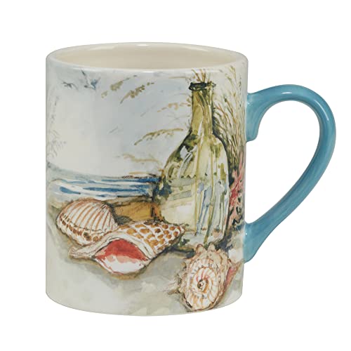 Coastal Landscape 16 oz. Ceramic Mugs – Set of 4 Assorted Beach Designs with Starfish, Shells & Ocean Bottles – Seaside Coffee Cups for Tea, Hot Cocoa, or Gifting – Blue Handle Accent - size: 5.125 inches x 4.25 inches