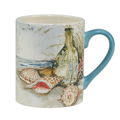 Coastal Landscape 16 oz. Ceramic Mugs – Set of 4 Assorted Beach Designs with Starfish, Shells & Ocean Bottles – Seaside Coffee Cups for Tea, Hot Cocoa, or Gifting – Blue Handle Accent - size: 5.125 inches x 4.25 inches