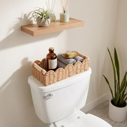 2 Pcs Toilet Paper Storage Basket with Wood Handles, Bathroom, 2Pcs | Scalloped Edge Paper Rattan Bathroom Basket, Over-The-Toilet Storage Organizer for Shelf, Countertop, Modern Farmhouse Decor