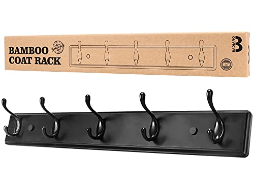 Heavy Duty Wooden Coat Rack, Wall-Mounted Organizer, 24 Inch, Black | 5 Double Hook, Greater Storage Space for Hanging Towels, Bags, Hats, Jackets, Key - color: Black, size: 5 Hooks