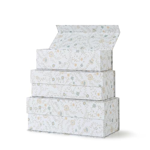Soul & Lane - Decorative Storage Boxes with Lids, Set of 3, Ivory Lace | Cardboard Memory Keepsake Boxes with Magnetic Closure for Photos and Documents, Floral Gift Organizers for Home Decor - color: Ivory Lace