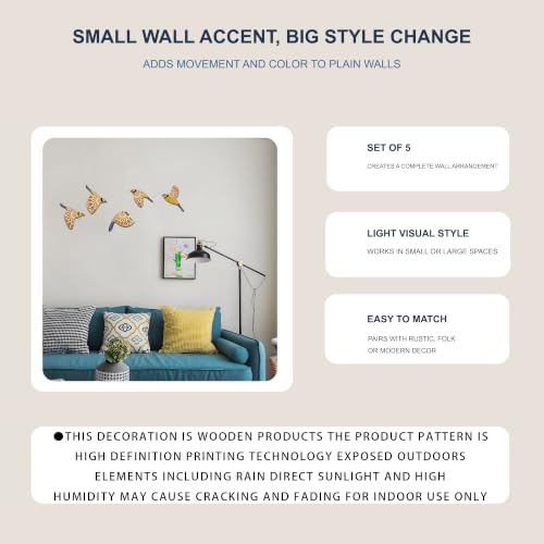 Vumyhuby 5-Piece Blue Wooden Bird Wall Art, Rustic Folk Flying Bird Decor - color: Blue