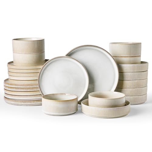 Famiware Star Stoneware Dinnerware Sets with Pasta Bowls, 24pc Dishes for 6 | Ceramic Plates and Double Bowls. Chip & Scratch Resistant. Microwave & Dishwasher Safe, Everyday Formal Use, Cappuccino White - color: Cappuccino White, size: Service for 6 - Do
