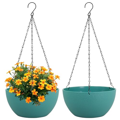 Meowell 10 inch Hanging Planters for Indoor Outdoor Plants, 2 Pack Hanging Flower Pots with Drainage Holes and Chain for Garden Porch, Plastic Hanging Baskets for House Plants, Blue Green - color: Blue-green, size: 10inch 2pcs
