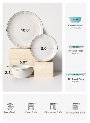 LE TAUCI Plates and Bowls Sets for 4, 12 Piece Ceramic Dinnerware Sets, Kitchen Stoneware Dish Set, Chip Resistant, Microwave & Dishwasher Safe, Reactive Glaze Beige (8"&10" Plate, 27oz Bowl) - size: 4 Set(12pcs)