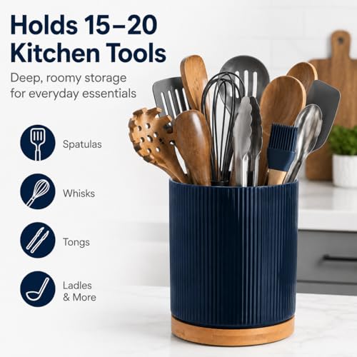 360° Rotating Cooking Utensil Holder, Kitchen Utensil Holder for Countertop | Utensil Crock for Kitchen Counter with Rotatable Wooden Base,Ideal Housewarming Gift & Mothers Day Gift-Blue - color: Blue