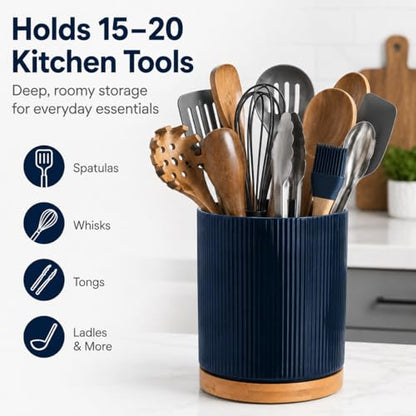 360° Rotating Cooking Utensil Holder, Kitchen Utensil Holder for Countertop | Utensil Crock for Kitchen Counter with Rotatable Wooden Base,Ideal Housewarming Gift & Mothers Day Gift-Blue - color: Blue