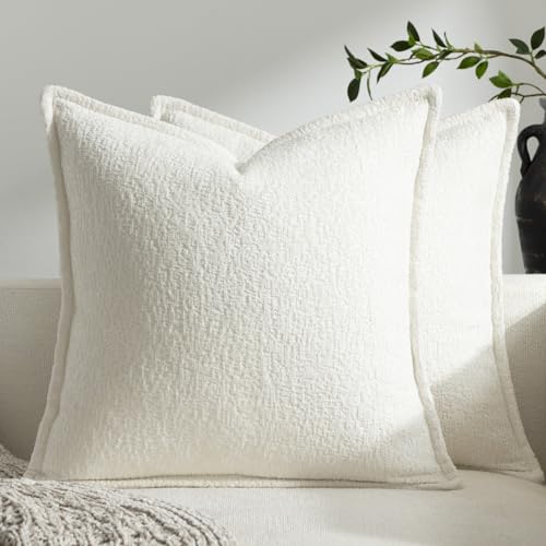 Pack of 2 Cream White Decorative Throw Pillow Covers 18x18 Cozy Soft Chenille Accent Vintage Square Couch Pillow Covers for Home Decor Bed Sofa Living Room - color: Cream White, size: 18" x 18" (Pack of 2)