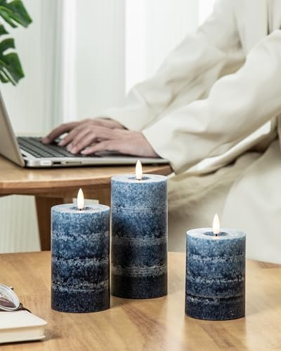 Stmarry Gradient Navy Blue Flameless Candles with Remote and Timer, Real Wax Made LED Pillar Candles Battery Operated with 3D Flickering Flame, 3" x 4",5",6", Navy Blue Decor, Set of 3 - color: Gradient Navy Blue