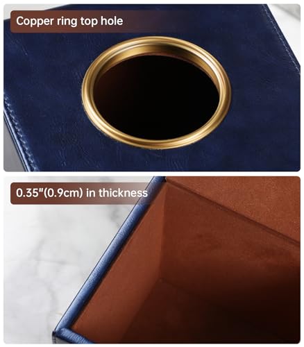 Square Tissue Box Cover with Magnetic Closure, Navy Blue | Luxury PU Leather Tissue Holder with Gold Tone Metal Opening, Fits All Standard Cube Tissue Boxes - color: Navy Blue