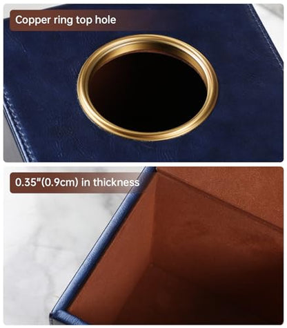 Square Tissue Box Cover with Magnetic Closure, Navy Blue | Luxury PU Leather Tissue Holder with Gold Tone Metal Opening, Fits All Standard Cube Tissue Boxes - color: Navy Blue