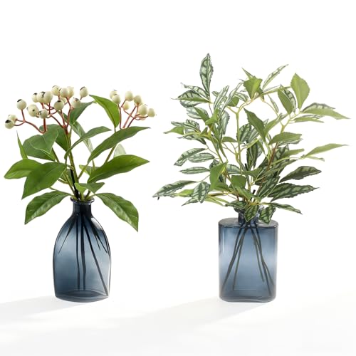 2 Pcs Empty Reed Diffuser, Empty Glass Diffuser Bottle Jar Set with Sticks and Fake Greenery Olive Plants, Fragrance Aroma Essential Oil DIY Bottle Jar for Home Shelf Bedroom Bathroom Office Decor - color: Ink Blue-2p