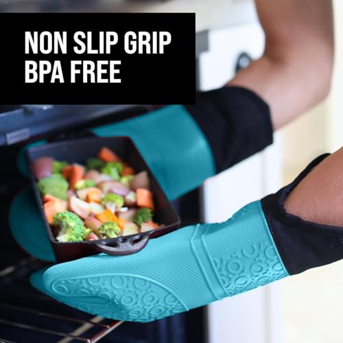 BPA-Free Soft Silicone Oven Mitts - Ultra Heat Resistant Oven Mitts with Thick Cotton Liner - Extra Long Slip Resistant Pot Holders, Flexible Oven Gloves - Aqua/Black 14.7" - color: Aqua, size: 2-Piece 14.7" Oven Mitts