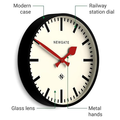 NEWGATE® Universal wall Clock | Large Modern Vintage Station Clock | 17" | Deep matt Black Metal case with red Metal Hands | Mid-Century Style for Kitchen, Living Room or Office - style: Retro