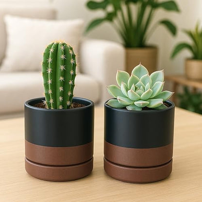 D'vine Dev 4-Pack Ceramic Pots with Saucers, Black/Tan, 4.7 in, 94-X-B-7 | Glazed Ceramic, Drainage Hole and Saucer, Sleek Cylinder Shape, High Temperature Fired, Ideal for Small Houseplants - color: Black/Speckled Tan, size: 4.7 Inch