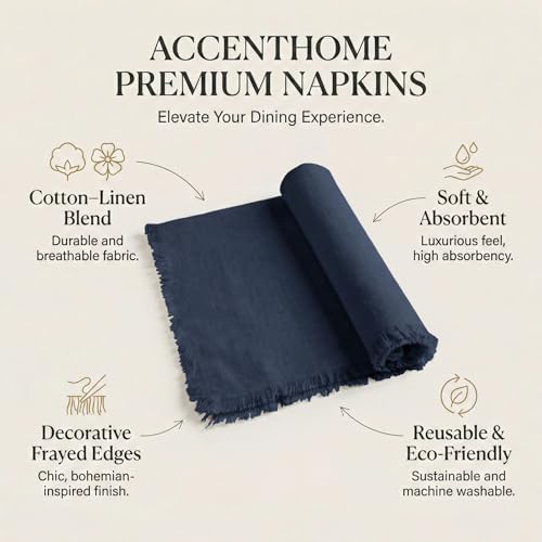 ACCENTHOME Navy Cotton Linen Napkin Set of 6 18x18 inch Dinner Napkins | Cotton Linen Blend Napkins, Machine Wash On Gentle Cycle, Economy Pack, Multi Purpose Use, Cotton - color: 07 - Navy, size: 18" x 18" (Set of 6)